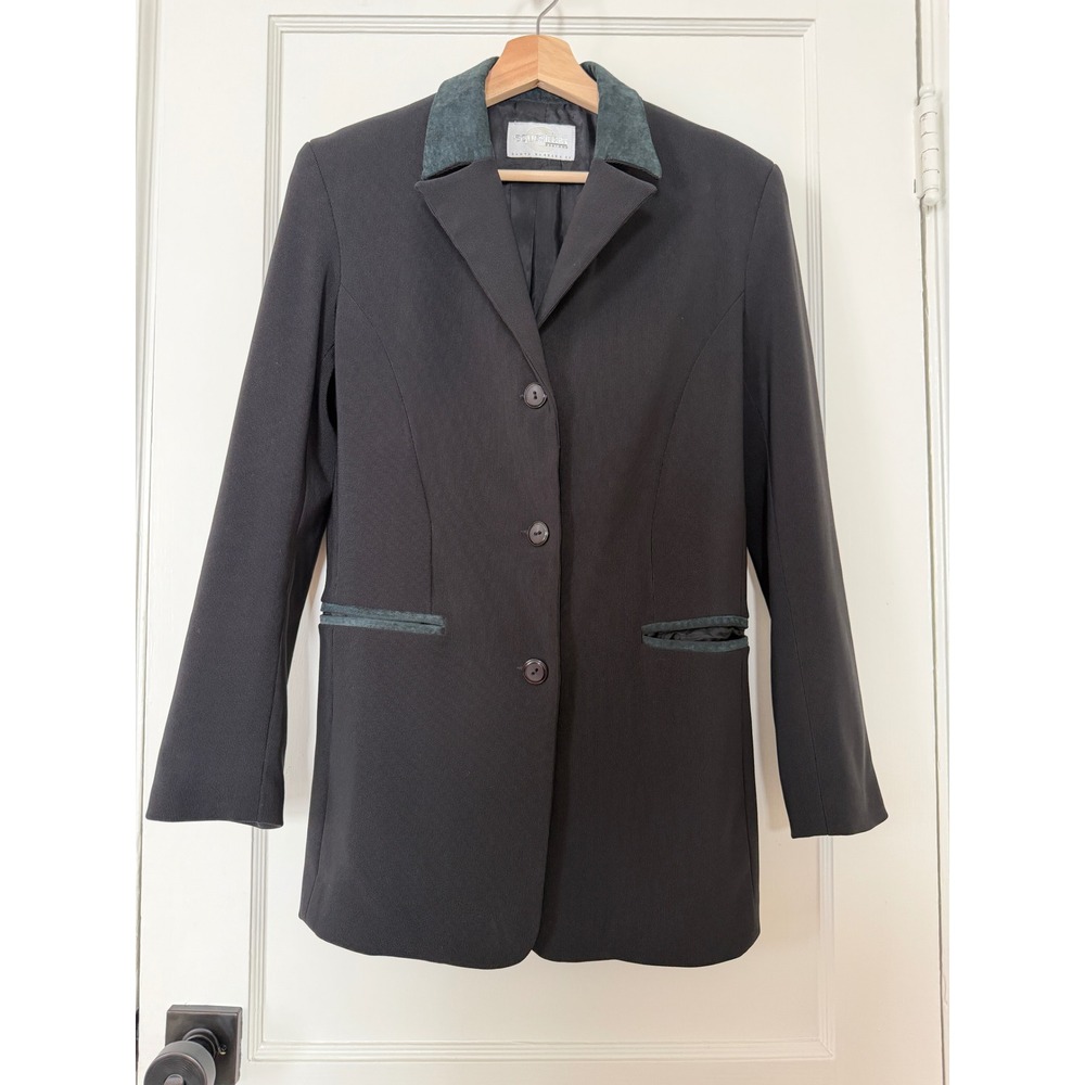 VTG Equestrian Designs Suede Trim Black Blazer Sz S Office Dark Academia Y2K 90s